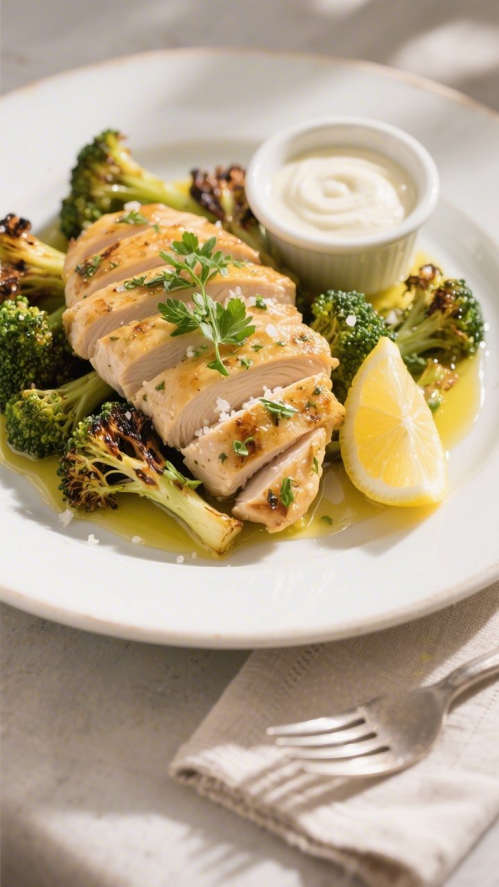 Final plated dish, restaurant-quality: Sliced lemon herb chicken fanned over a bed of roasted brocco