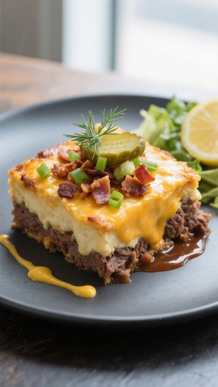 Final plated dish: Restaurant-quality square slice of the casserole on a matte charcoal plate—dist