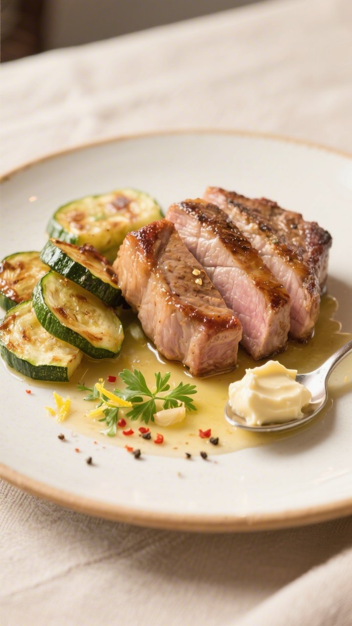 Final plated dish, restaurant style: Beautifully plated Garlic Butter Pork Chops & Zucchini on a war