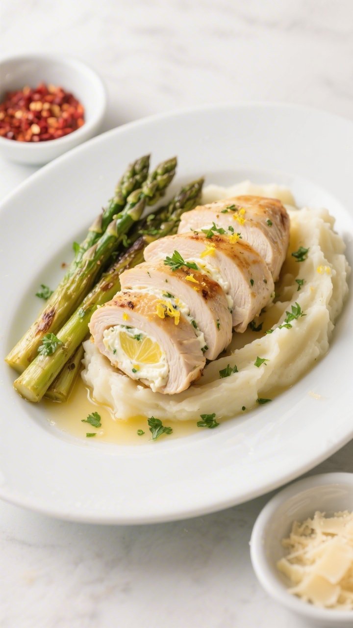 Final plated dish, restaurant-style: Beautifully plated cream cheese stuffed chicken breast on a wid