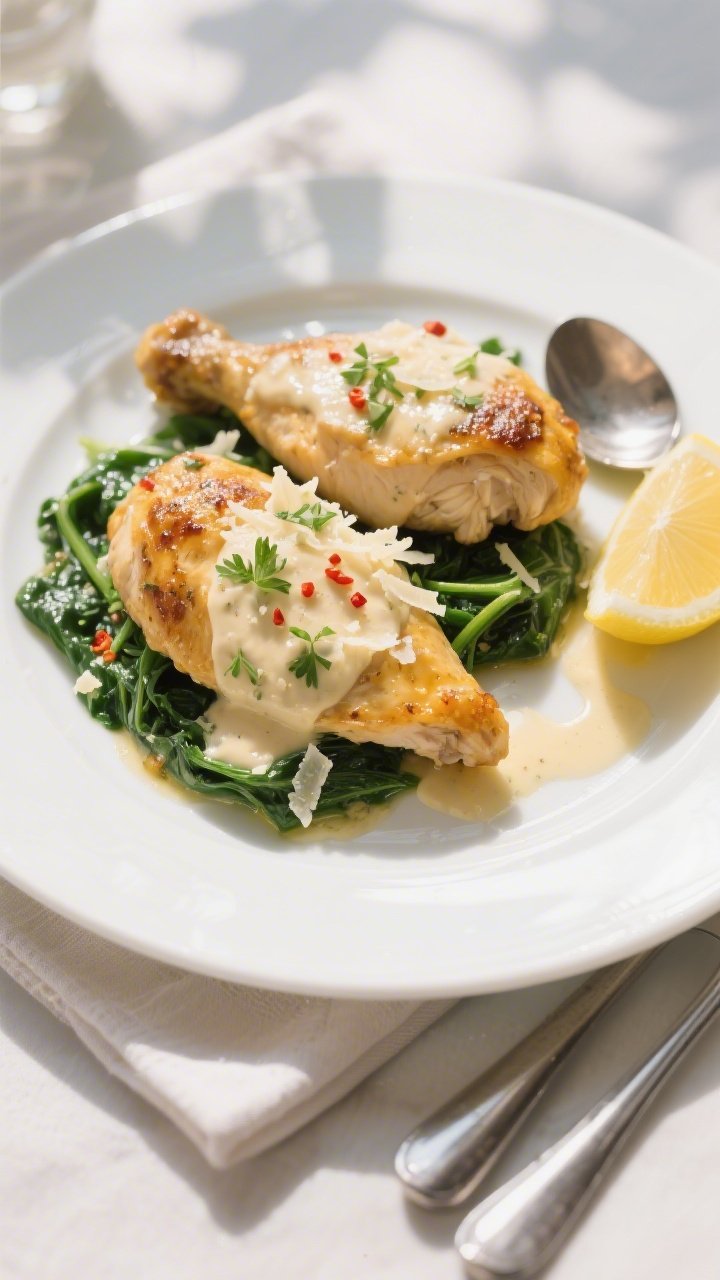 Final plated dish, restaurant-style: Beautifully plated Keto Chicken Florentine on a wide white rimm