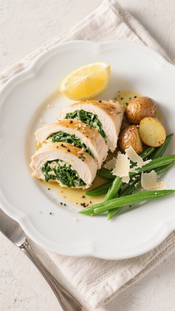 Final plated dish: Restaurant-style presentation of sliced spinach stuffed chicken breast fanned on 