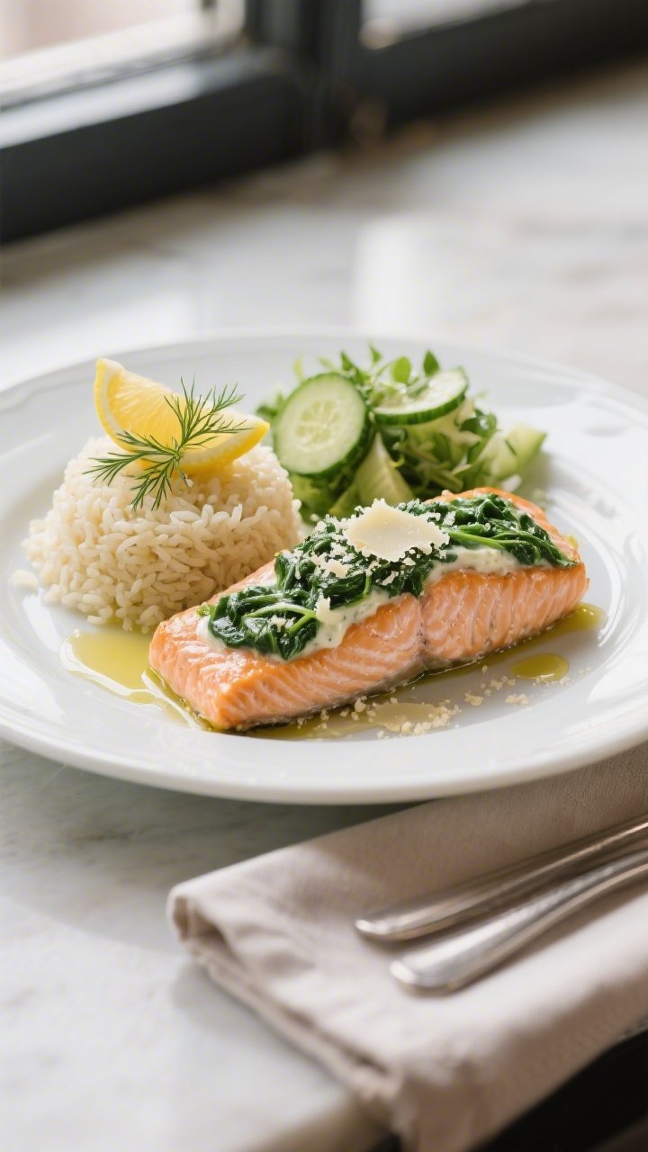 Final plated dish: Restaurant-style presentation of creamy spinach stuffed salmon on a white ceramic