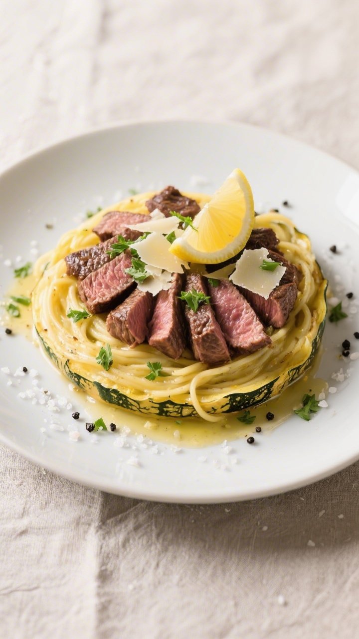 Final plated dish: Restaurant-style presentation of Keto Garlic Butter Steak Spaghetti Squash twirle