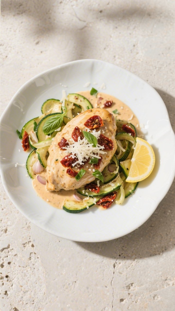 Final plated dish shot: Restaurant-quality presentation of Keto Creamy Sun-Dried Tomato Chicken on a