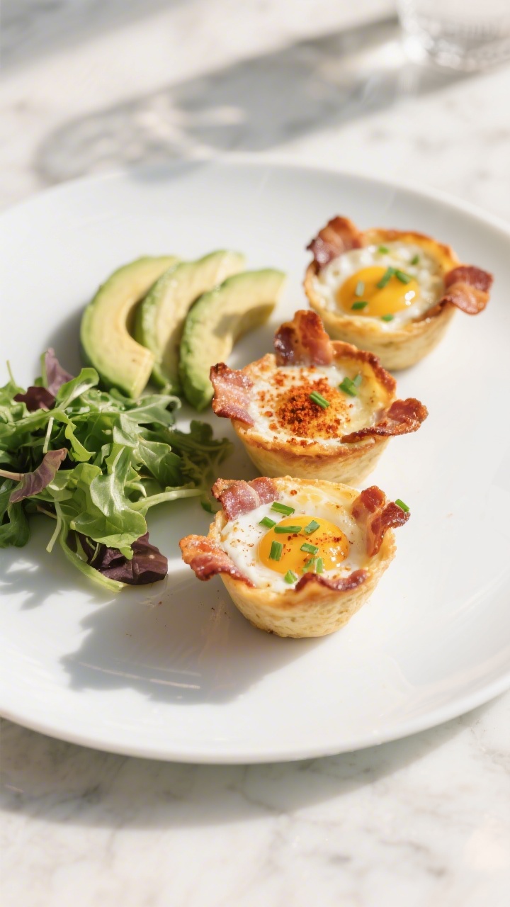 Final plated dish shot: Restaurant-quality presentation of three keto bacon egg cups on a matte whit