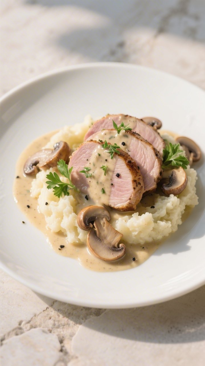 Final plated dish, : Sliced pork loin medallions napped in creamy mushroom-thyme sauce over a butter