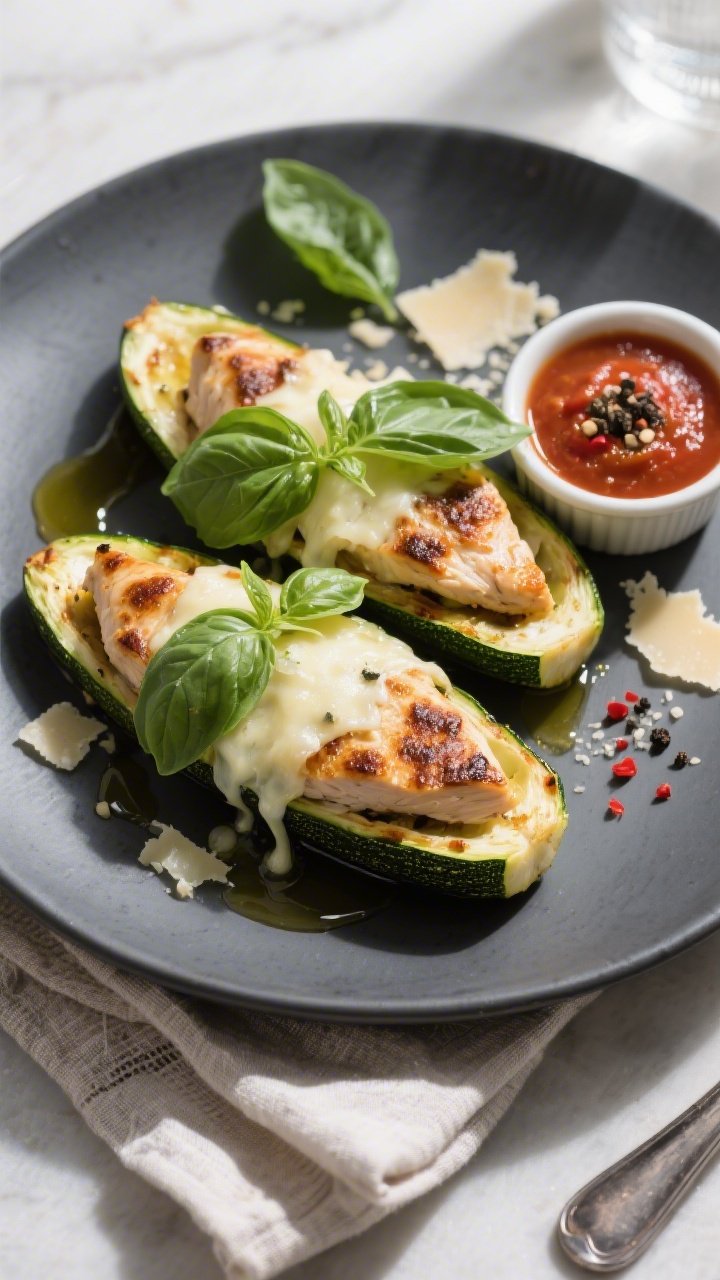 Final plated dish, top-down: Restaurant-quality presentation of two Keto Chicken Zucchini Boats on a