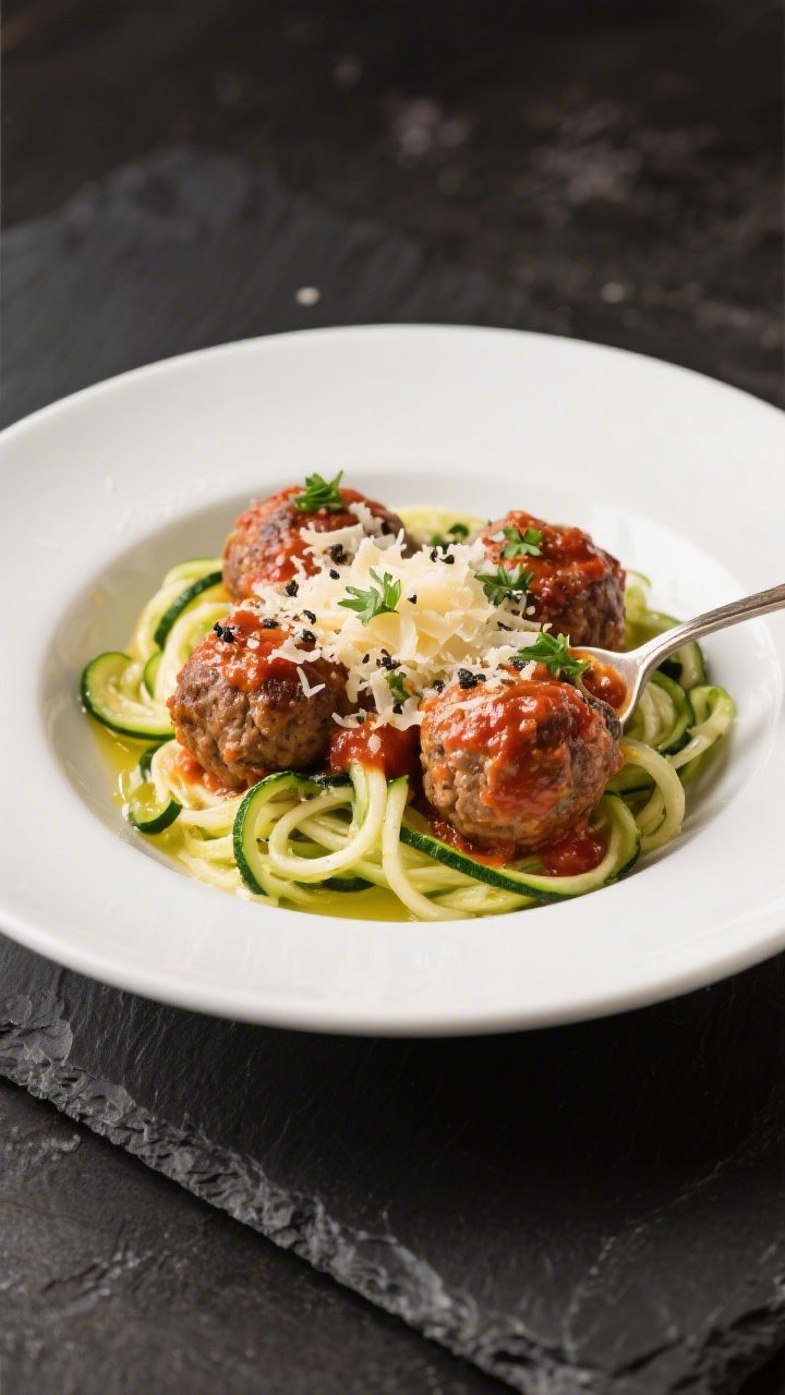 Final plated dish, top view: Beautifully plated Cheesy Keto Meatballs over zucchini noodles, spooned