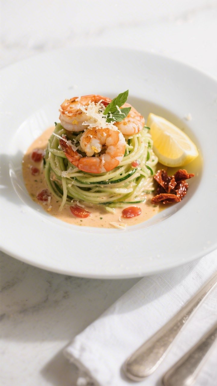 Final plated dish, top view: Beautifully plated Creamy Tuscan Shrimp & Zoodles twirled into a high n