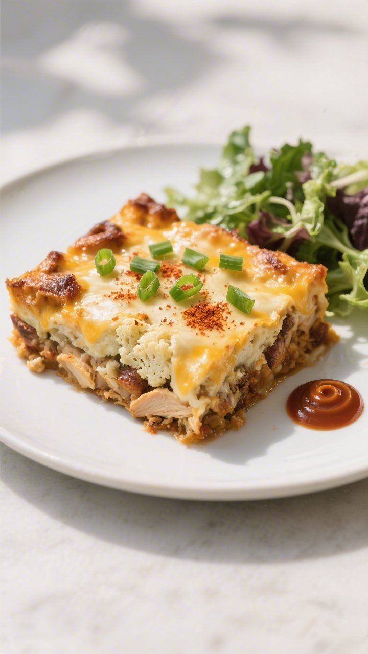 Final plated dish, top view: Overhead shot of a neatly served square of Keto BBQ Chicken Casserole o