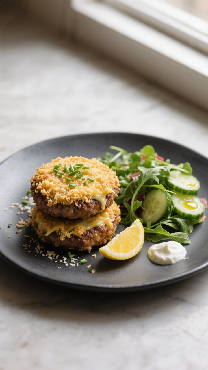 Final plated dish: Two Keto Parmesan Crusted Hamburger Patties stacked slightly offset on a matte ch