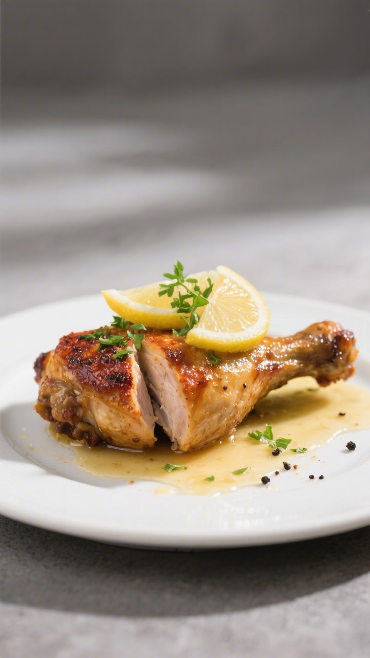 Final plated elegance: Whole Cajun chicken thighs rested and juicy, light pan sauce from butter, lem