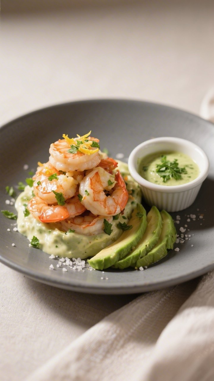 Final plated glamour shot: Beautifully plated Creamy Avocado Shrimp Bowl on a slate-grey plate with 