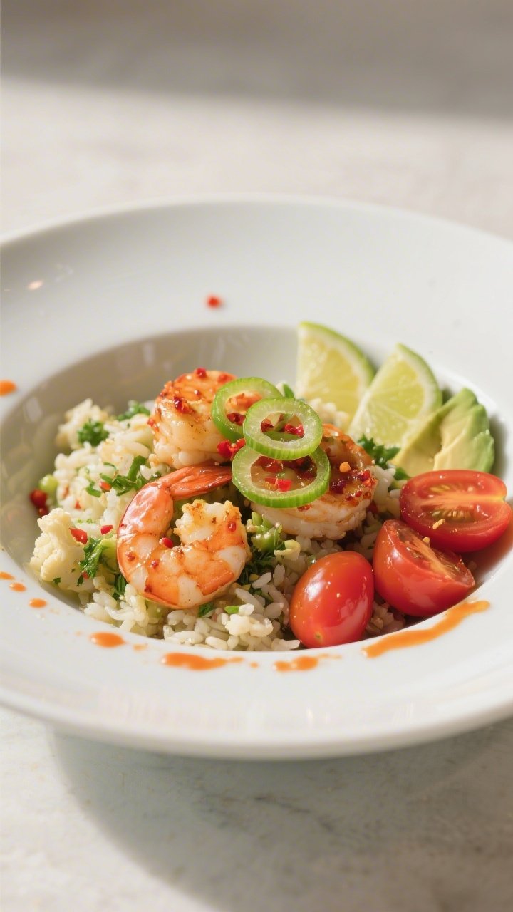 Final plated hero: Beautifully plated single bowl of spicy shrimp and cauliflower-cilantro rice, thr