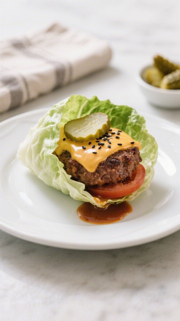 Final plated hero: Beautifully plated single lettuce wrap on a white ceramic plate, shot at a 45-deg