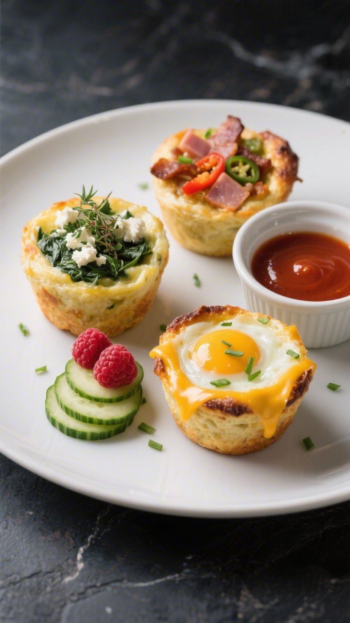 Final plated hero: Beautifully plated trio of egg muffins on a matte white plate, each variety showc