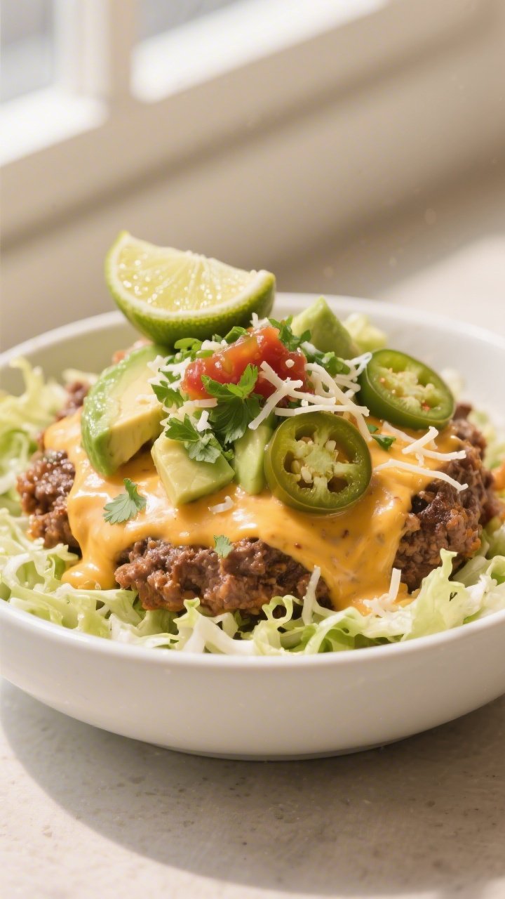 Final plated hero: Keto Creamy Taco Hamburger Bowl assembled over a bed of crisp shredded romaine in