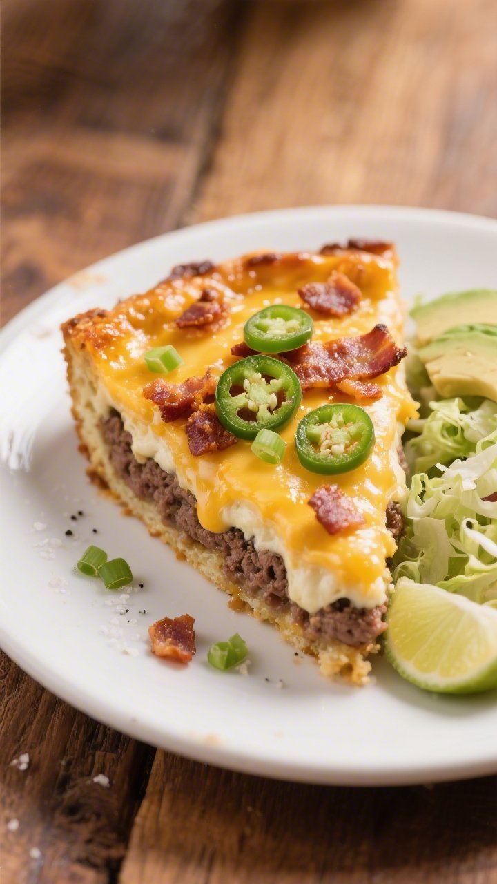 Final plated hero: Keto Jalapeño Bacon Burger Bake slice served on a white ceramic plate—golden, 