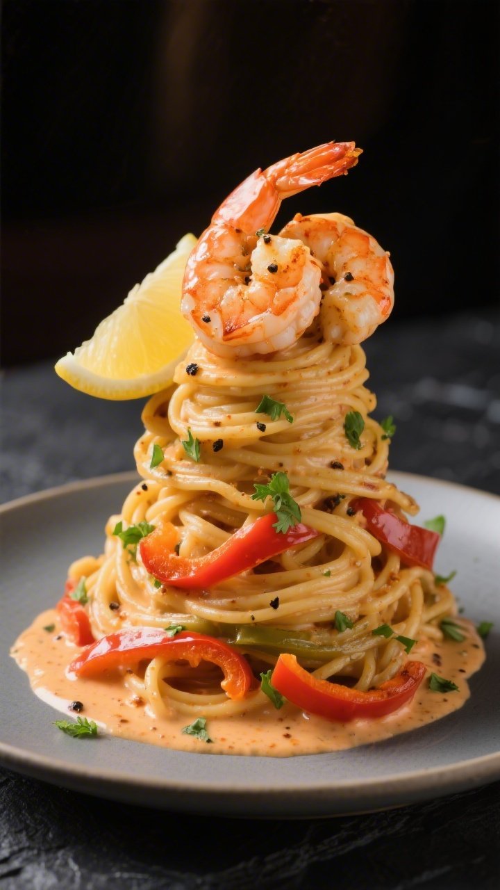 Final plated hero: Restaurant-style plating of Creamy Cajun Shrimp Pasta twirled into a tall nest, 3