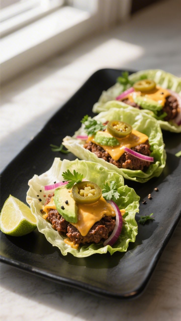 Final plated hero shot, 3/4 angle: Keto hamburger lettuce wrap tacos arranged in a staggered row on 