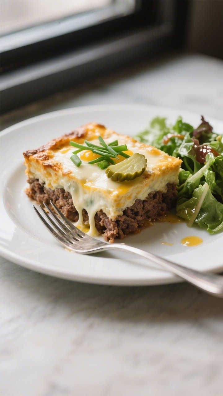 Final plated hero shot: A neat square slice of the casserole on a matte white plate, showing defined