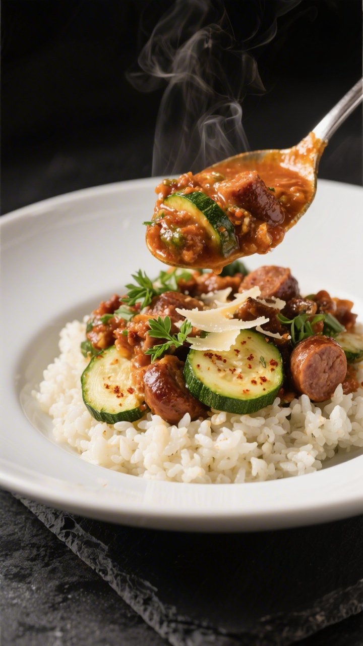 Final plated hero shot at a 45-degree angle: a generous ladle of the sausage-zucchini ragu spooned o
