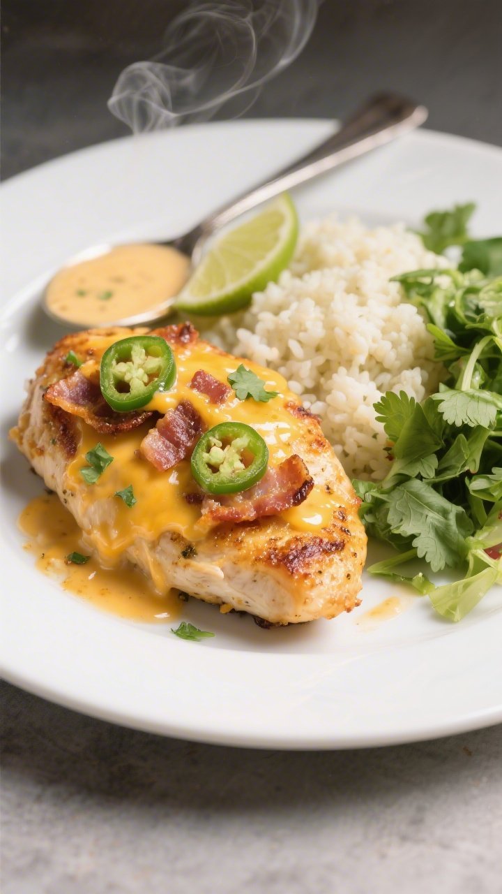 Final plated hero shot: Beautifully plated Cheesy Jalapeño Popper Chicken breast on a matte white d