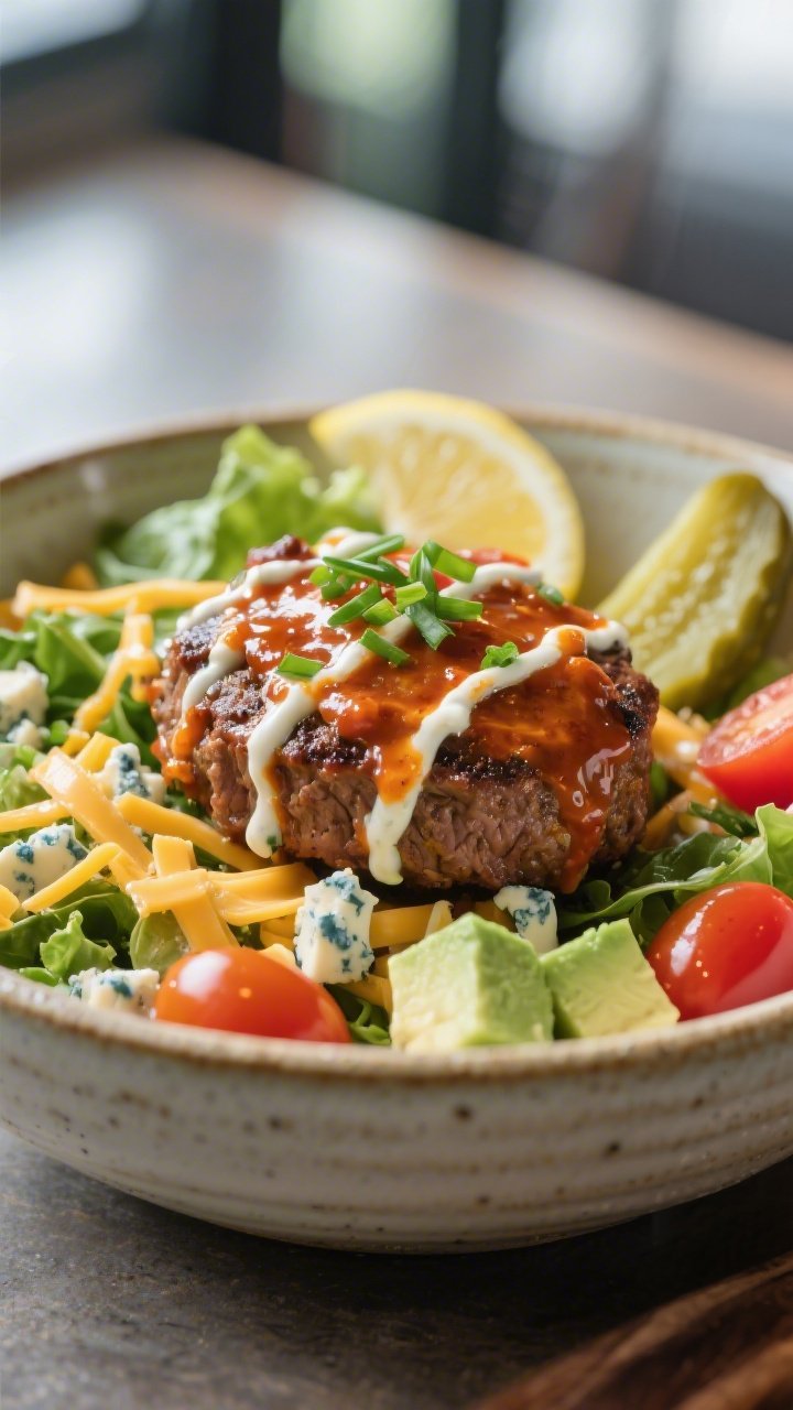 Final plated hero shot: Beautifully plated finished Keto Buffalo Cheeseburger Bowl, three-quarter an