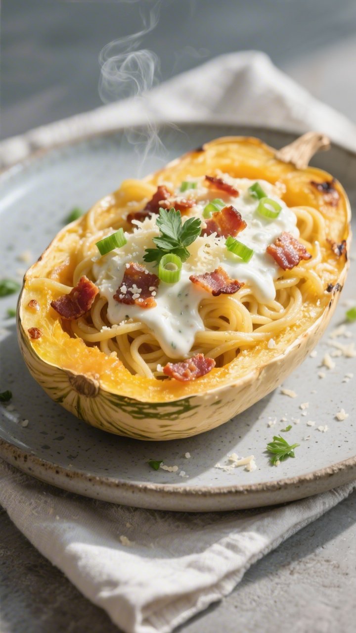 Final plated hero shot: Beautifully plated Keto Bacon Ranch Spaghetti Squash served in a roasted squ