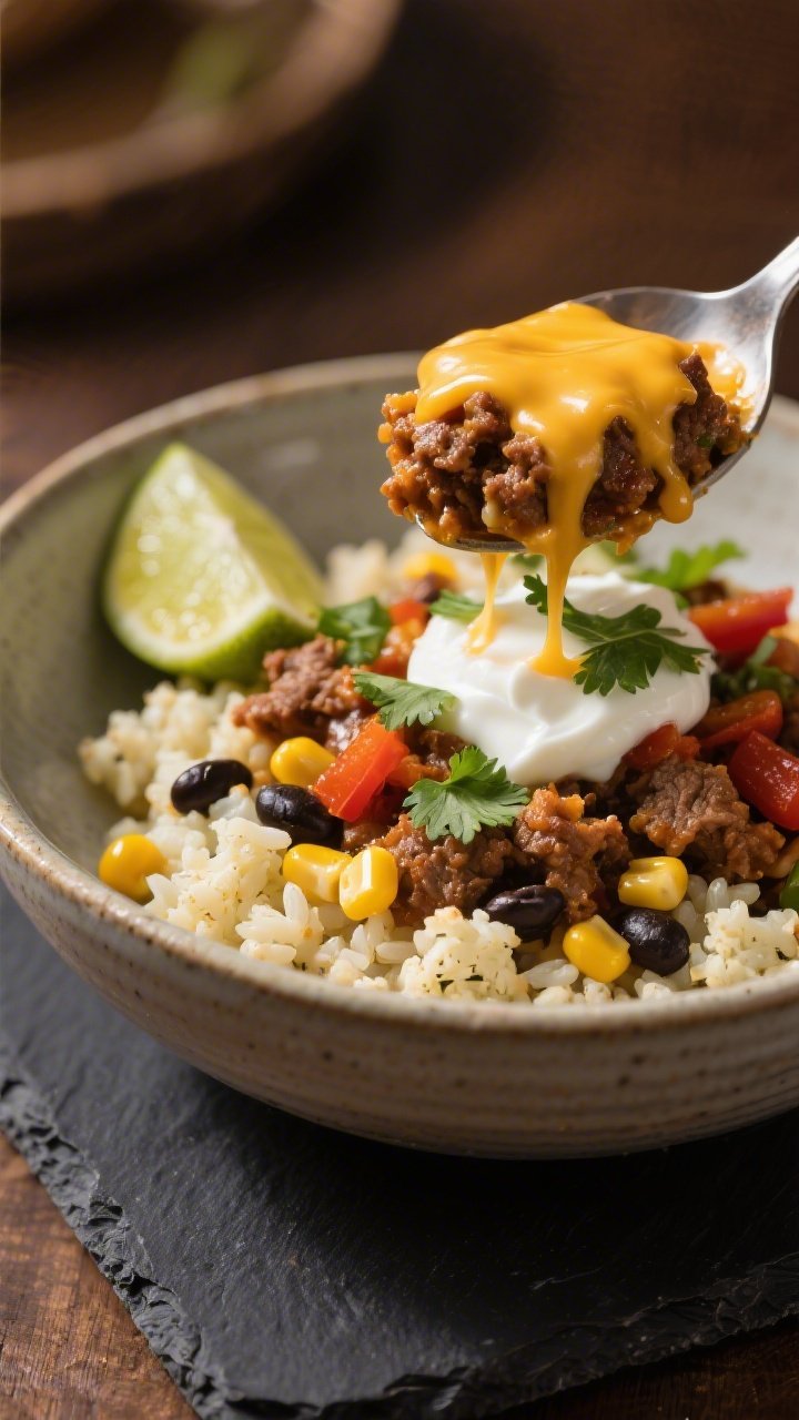 Final plated hero shot, close-up: A single bowl of Cheesy Taco Cauliflower Rice with ultra-melty che