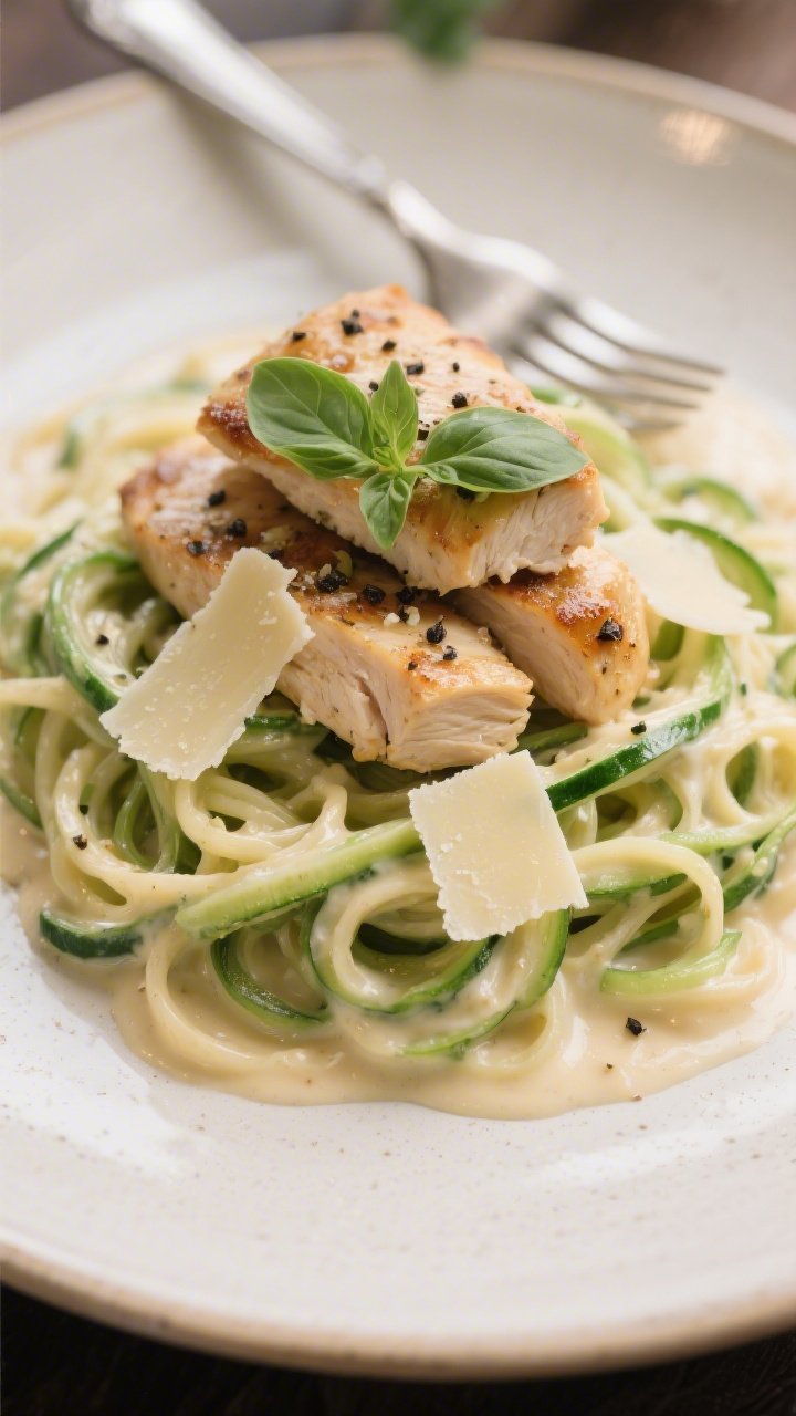 Final plated hero shot, close-up detail: Elegant plate of Keto Chicken Alfredo Zoodles twirled into 