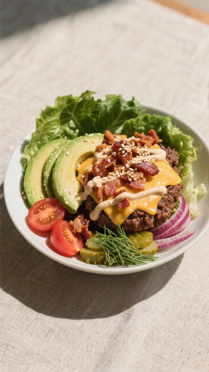 Final plated hero shot: Keto Bacon Cheeseburger Bowl beautifully arranged in a wide, shallow white b