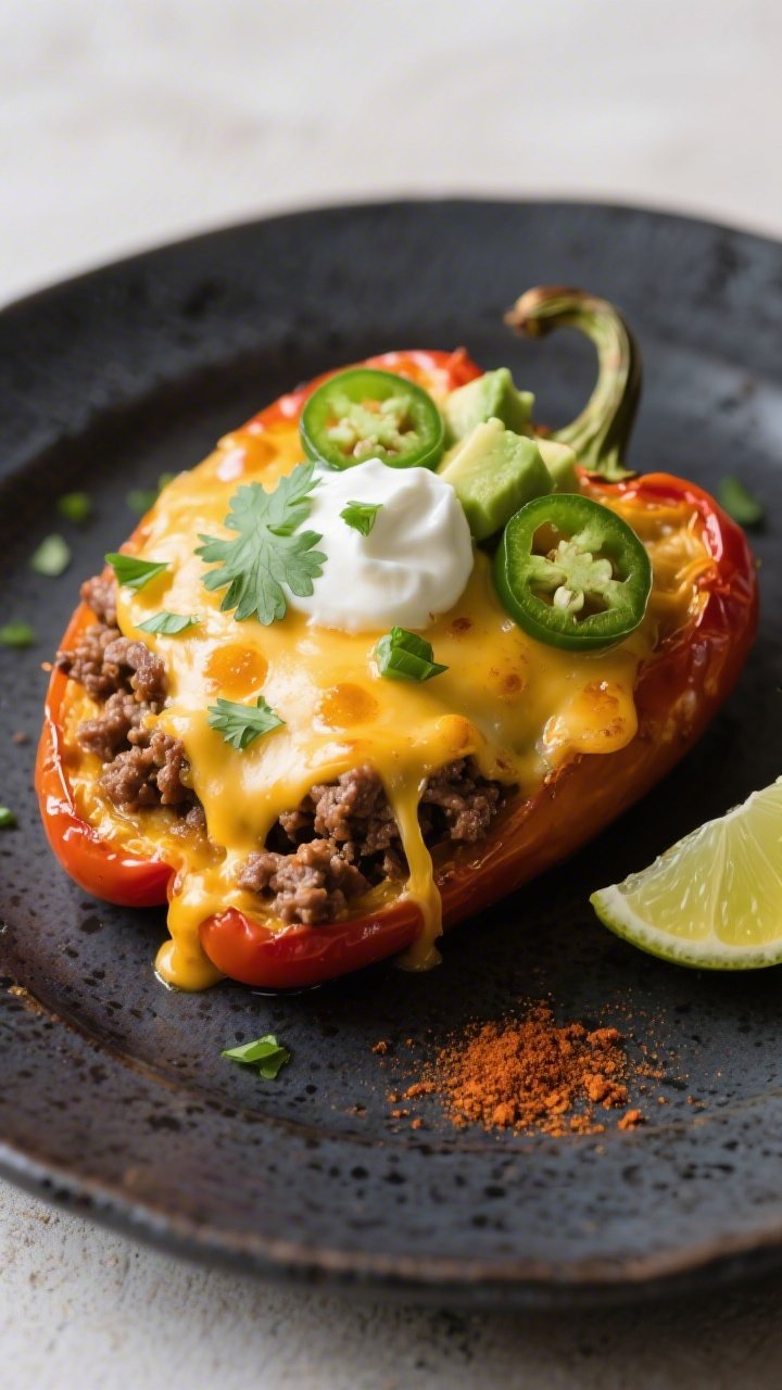 Final plated hero shot: Keto Hamburger Taco Stuffed Pepper on a dark stoneware plate, cheese fully m