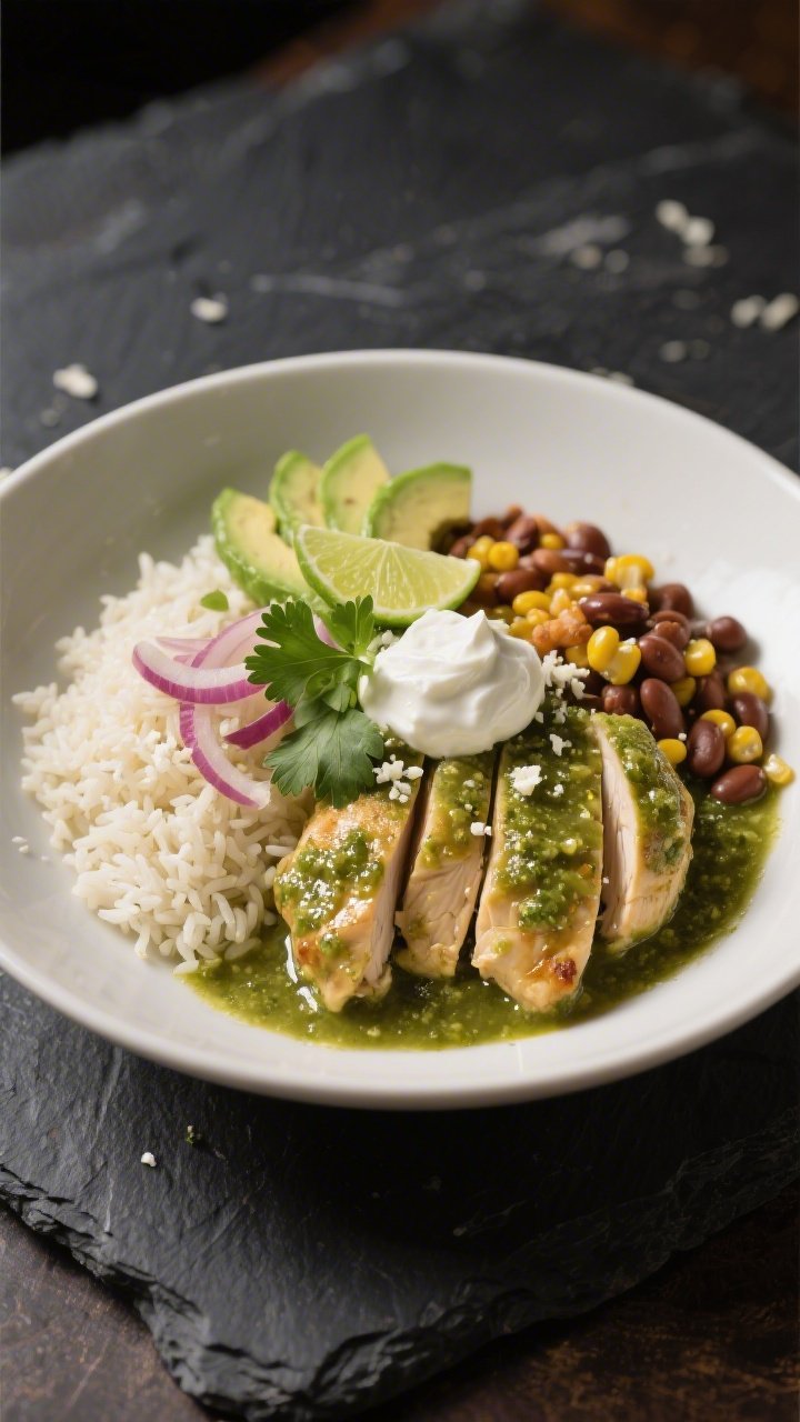 Final plated hero shot: Single bowl of Salsa Verde Chicken presented restaurant-style on a dark ston