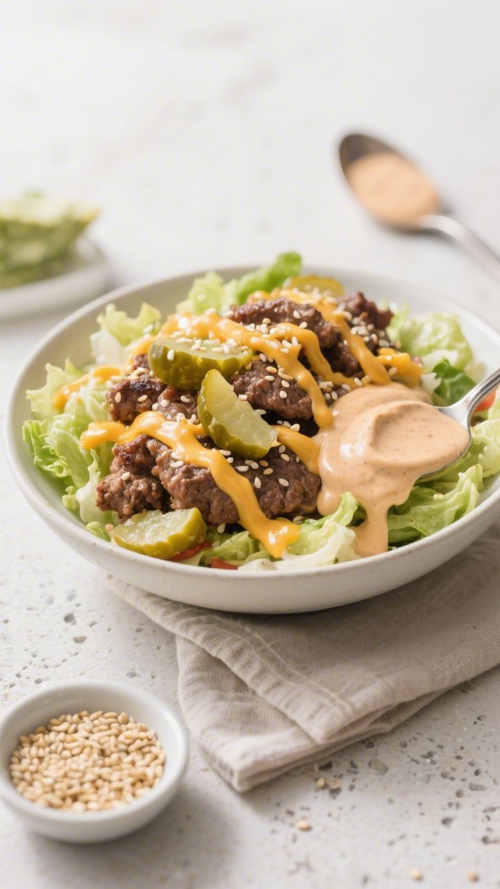 Final plated hero shot: Three-quarter angle beauty shot of the finished Keto Big Mac Bowl, emphasis 
