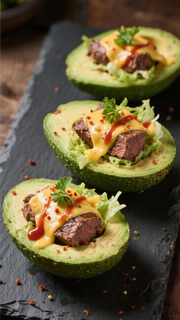 Final plated hero: Three avocado halves tightly framed at a 45-degree angle, showcasing juicy, chees