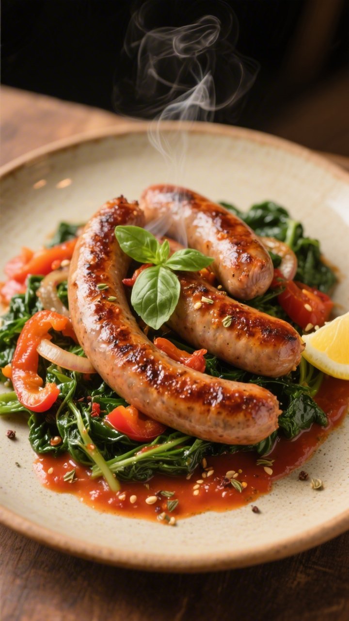 Final plated hero: Whole sausages with blistered, browned edges (optional sear) arranged over a bed