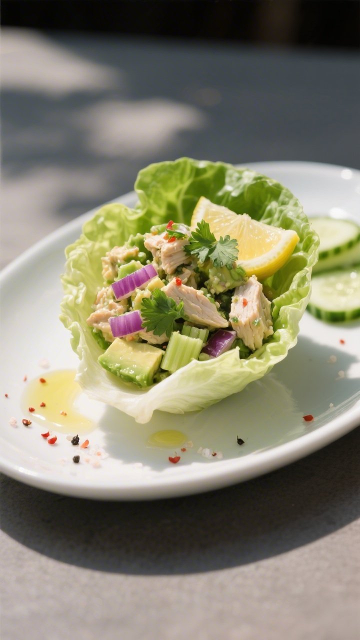 Final plated lettuce cups: Restaurant-quality presentation of Keto Avocado Chicken Salad spooned int