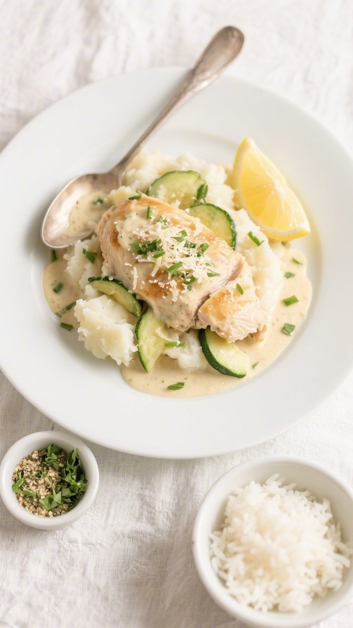 Final plated overhead — Comforting weeknight plate: Overhead shot of Creamy Ranch Chicken & Zucchi