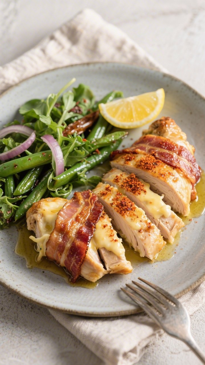 Final plated overhead: Restaurant-quality presentation of two sliced portions of cheesy bacon wrappe