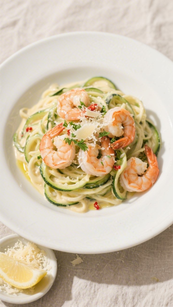 Final plated, overhead: Shrimp Alfredo Zucchini Noodles twirled into a loose nest on a wide white bo