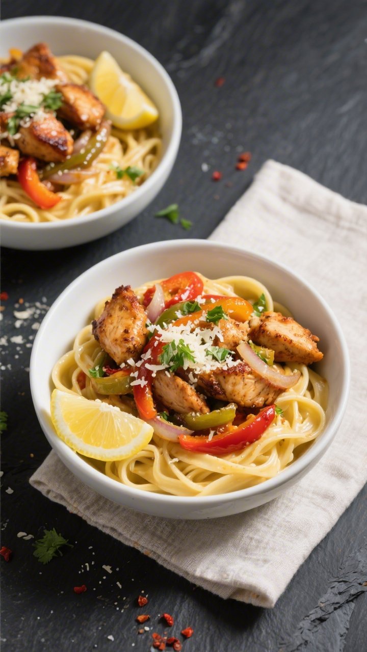 Final plated overhead: Tasty of Cajun Chicken Alfredo Bowls, fettuccine coated in glossy sauce with