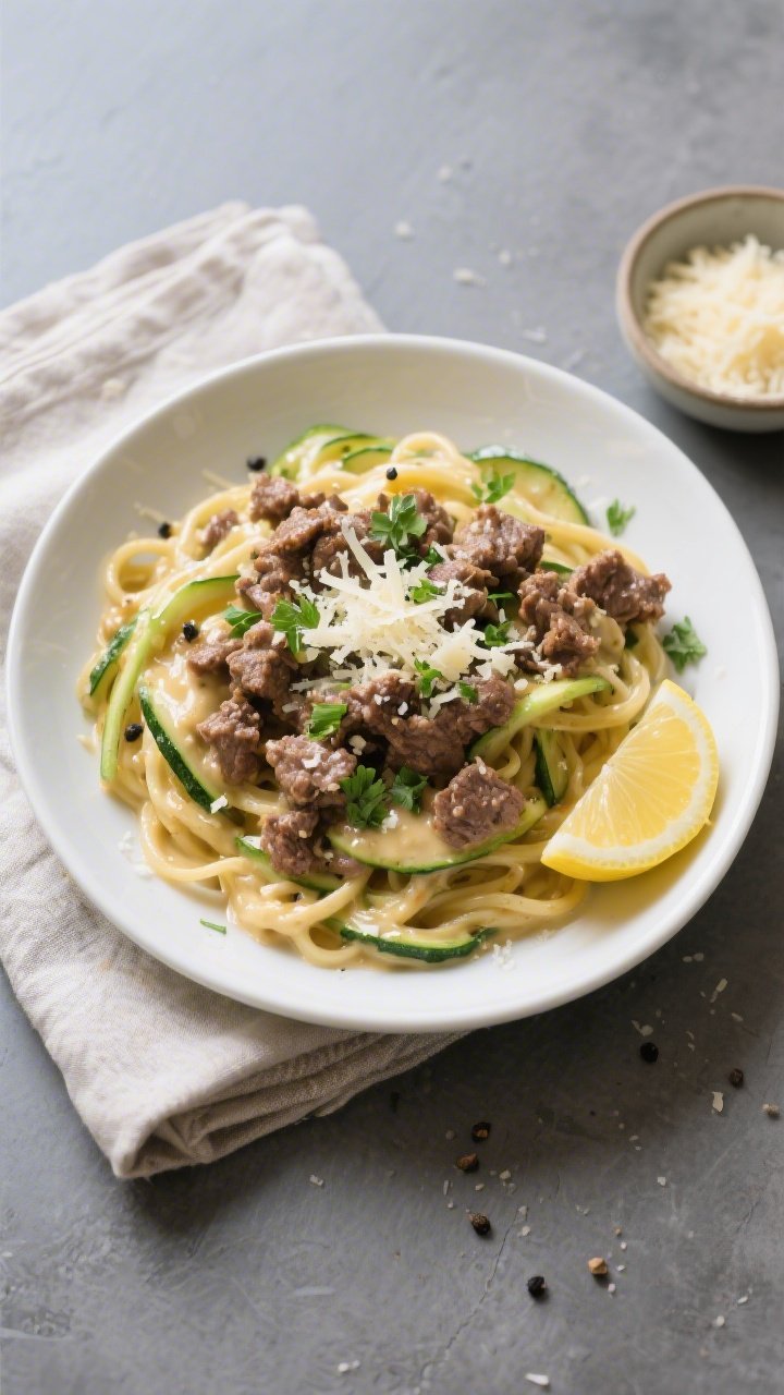 Final plated, overhead: Tasty top view of Keto Hamburger Alfredo over a bed of lightly sautéed zucc