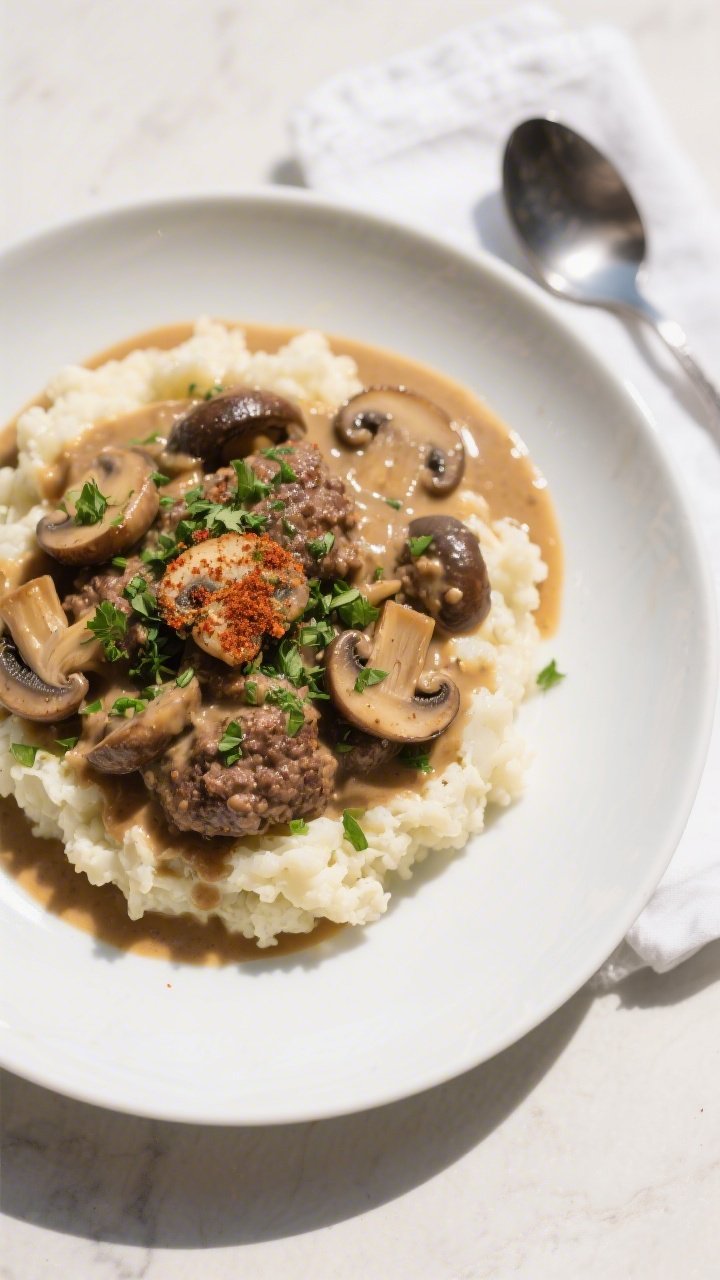 Final plated overhead: Tasty top view of Keto Hamburger Stroganoff spooned generously over buttery c
