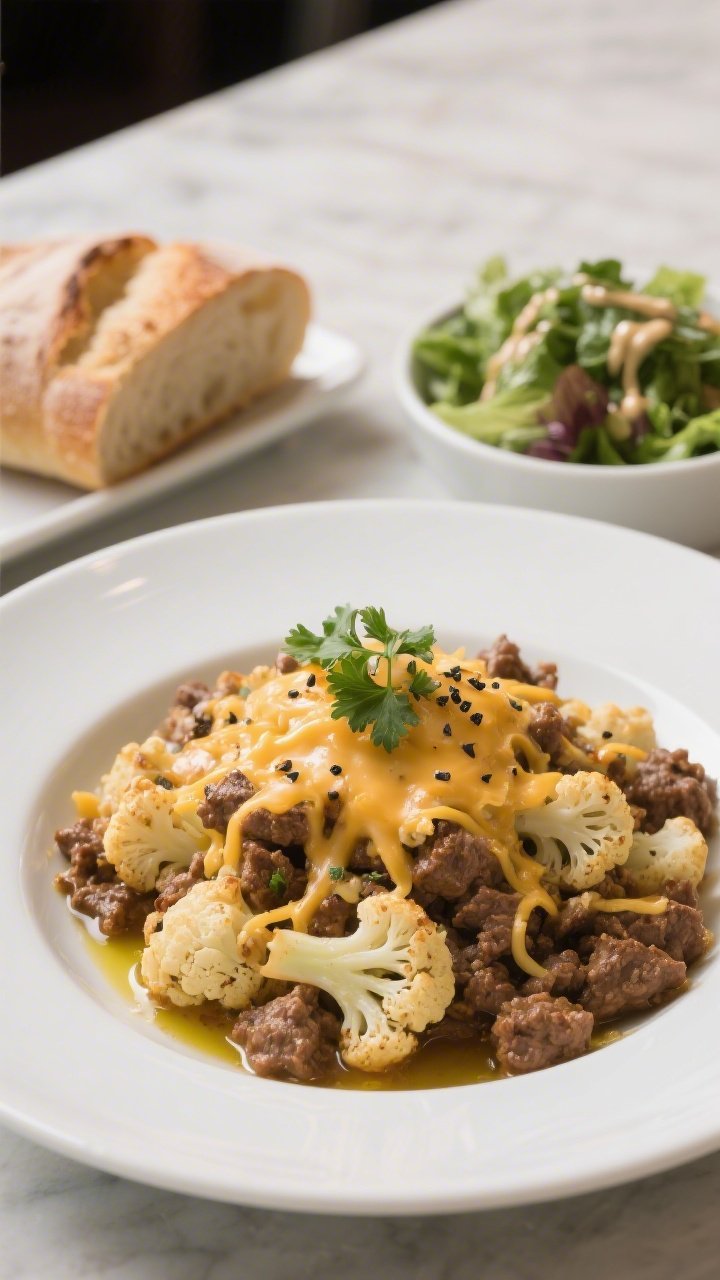 Final plated presentation: a generous serving of Cheesy Cauliflower & Ground Beef Skillet in a shall