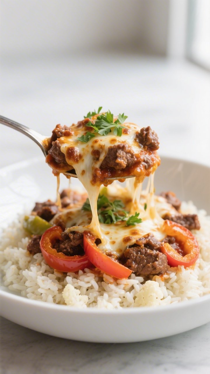 Final plated presentation: a generous spoonful of the hamburger pizza skillet served over fluffy cau