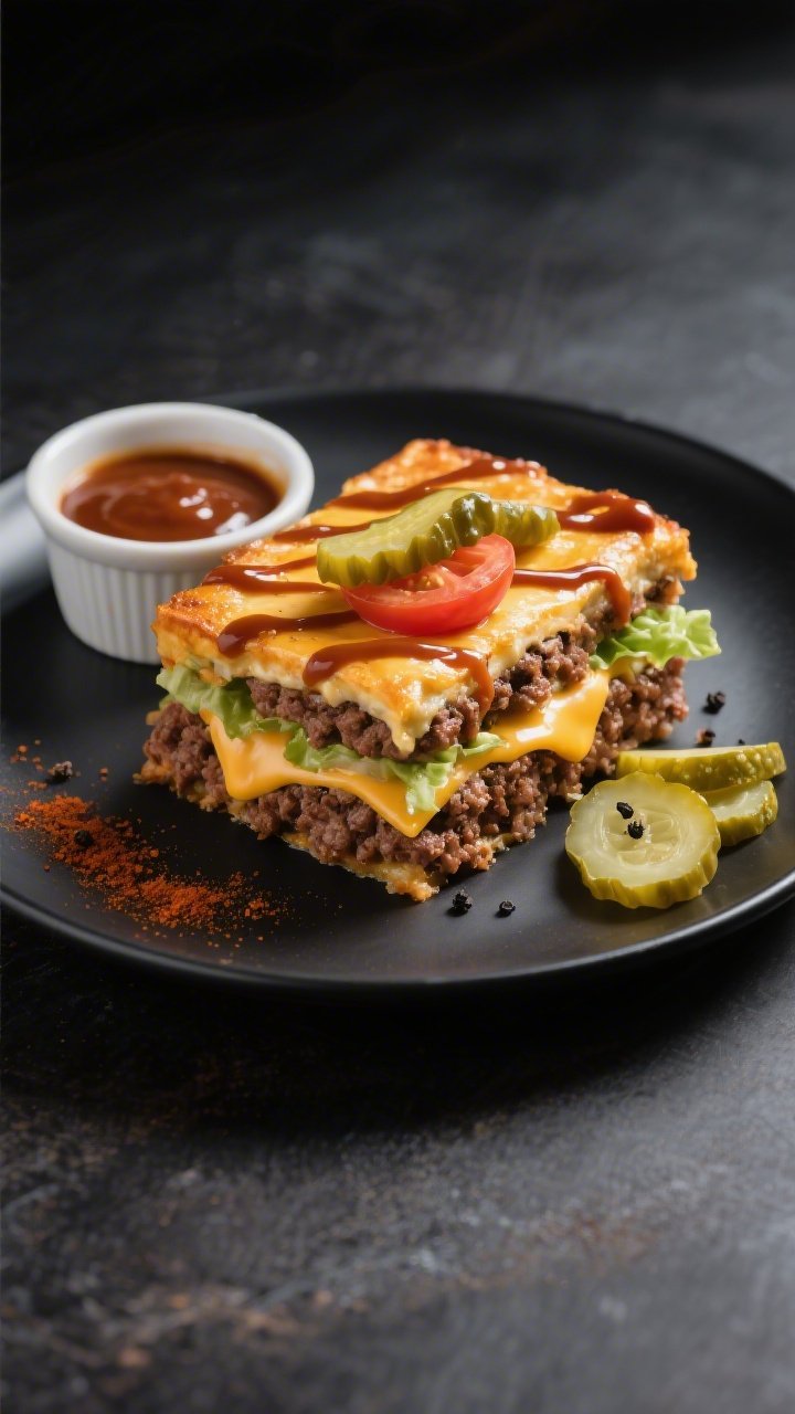 Final plated presentation: A neatly sliced square of the burger casserole on a matte black dinner pl