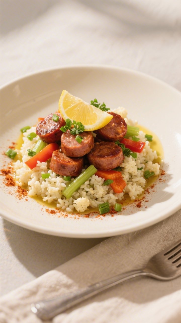 Final plated presentation, : Beautifully plated Cajun Sausage & Cauliflower Rice mounded on a warm w