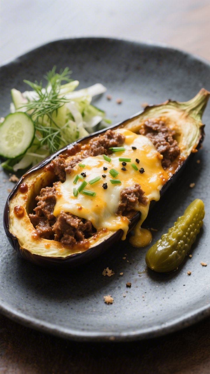 Final plated presentation: Beautifully plated single eggplant boat on a charcoal ceramic plate, cut 